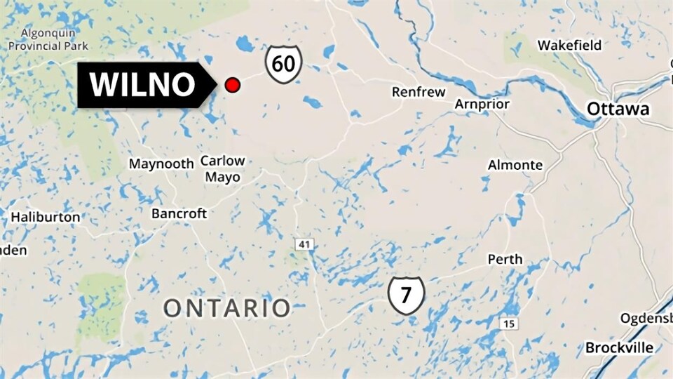 Une carte montrant où se trouve Wilno. La petite communauté est située le long de la route 60, à l'ouest d'Ottawa.