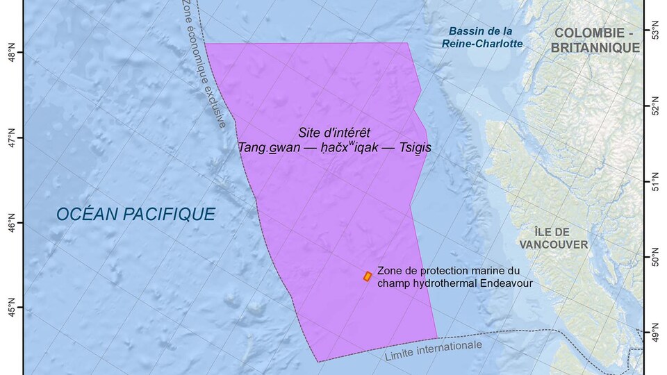 Carte de Pêches et Océans Canada du site d'intérêt Tang.ɢwan – ḥačxwiqak – Tsigis, qui pourrait devenir une nouvelle zone de protection marine.