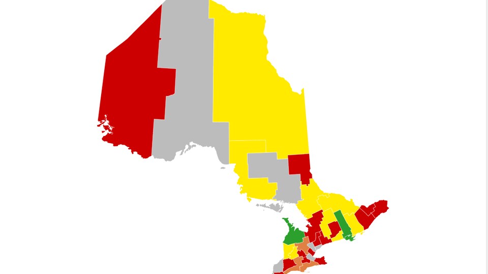 La carte présente les différentes zones de couleurs avec Toronto, Lambton, Thunder Bay et Sudbury en gris.