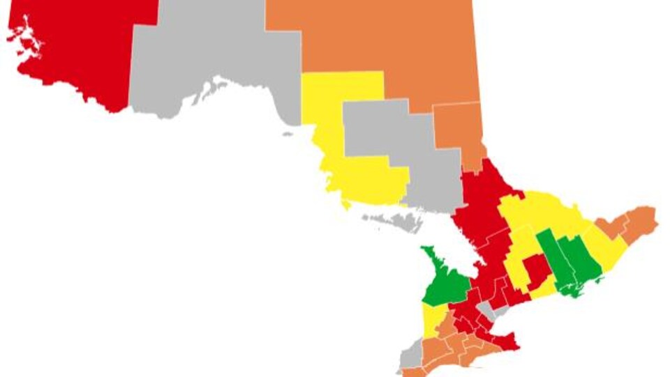 Une carte de l'Ontario avec des couleurs