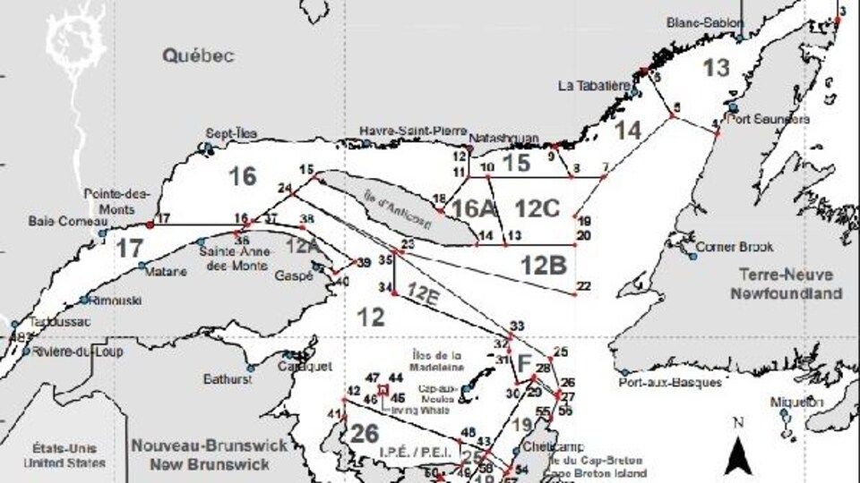 une carte avec l'estuaire et le golfe divisés en zones.