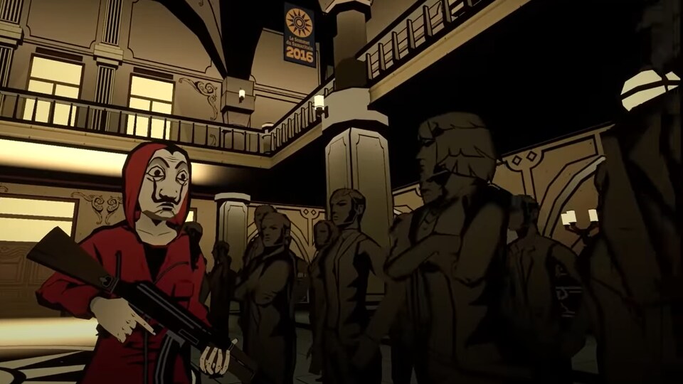 Un dessin d'une personne armée d'un fusil avec une toge rouge et un masque ainsi qu'une moustache.