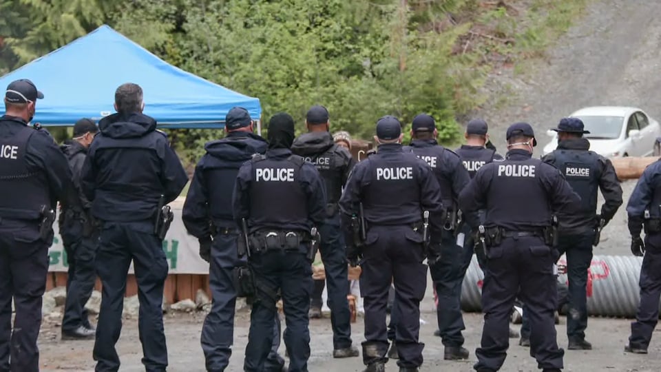Une douzaine de policiers devant les barricades.
