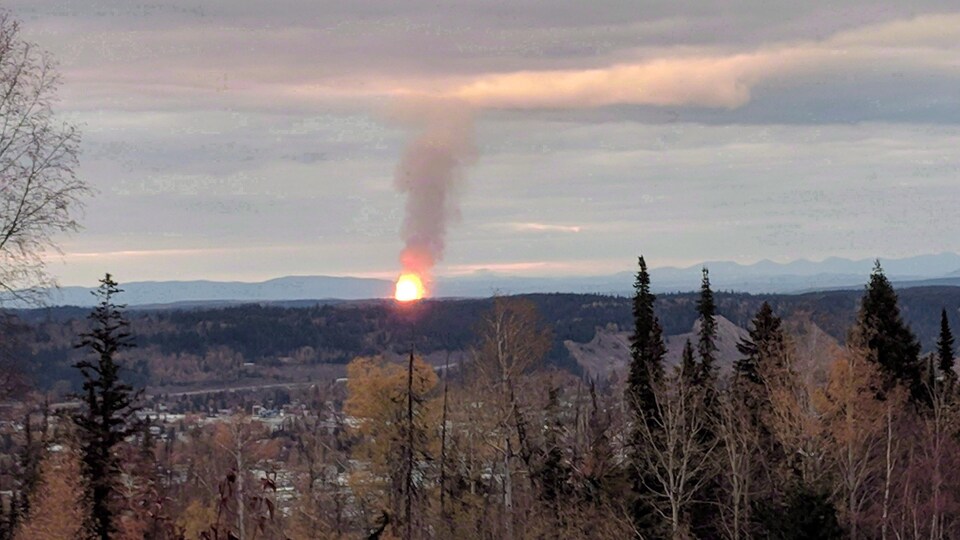 Une boule de feu au centre d'une forêt, devant des montagnes.
