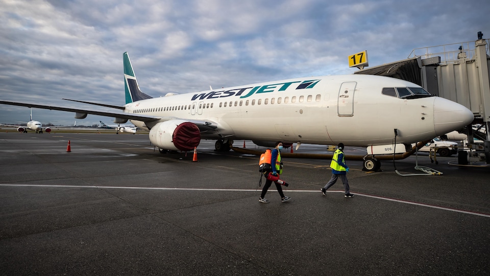 Un employé transportant du désinfectant aérien passe devant un avion 737-800 (738) de la compagnie aérienne canadienne WestJet, à la rampe d’embarquement 17 de l'Aéroport international de Vancouver (YVR) à Richmond, en Colombie-Britannique, le jeudi 21 janvier 2021.