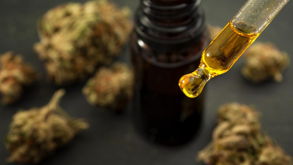 Pipette avec de l'huile de cannabidiol et flacon.