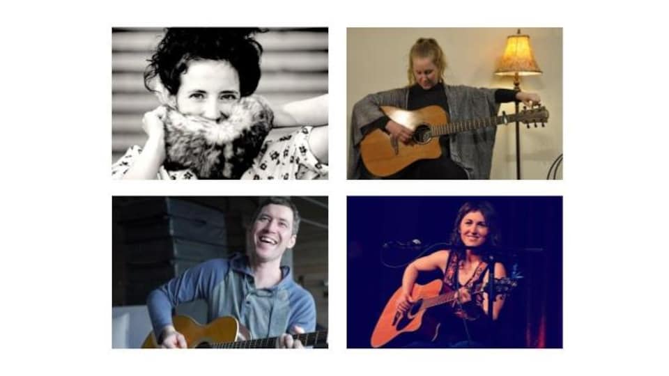 3 femmes et un homme, la guitare à la main