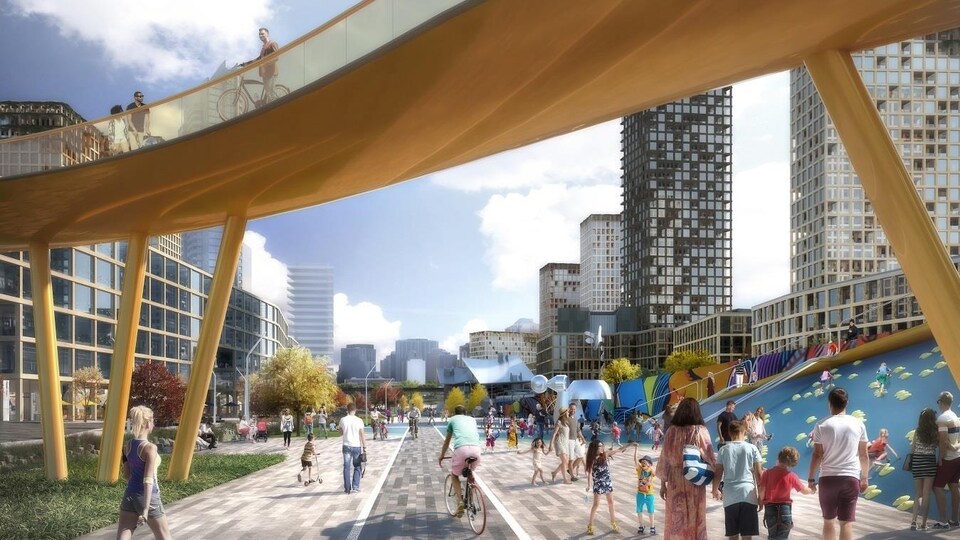 Une maquette d'une rue piétonnière avec, une voie cyclable au dessus.