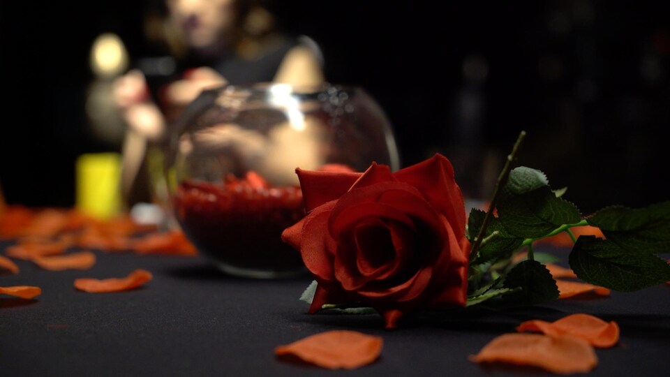 Une rose déposée sur une table avec des pétales et un vase rempli de bonbons rouges. Une personne regarde son téléphone cellulaire à l'arrière-plan.