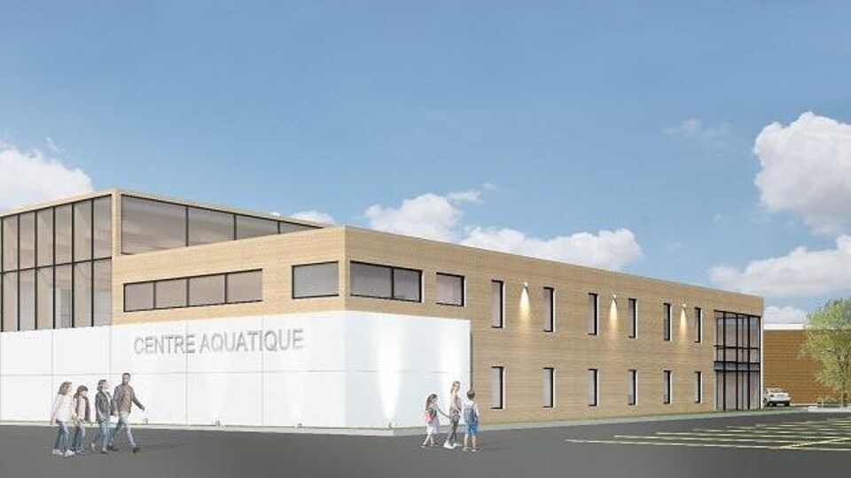 Le croquis présente des familles qui marchent en direction d'un centre aquatique.
