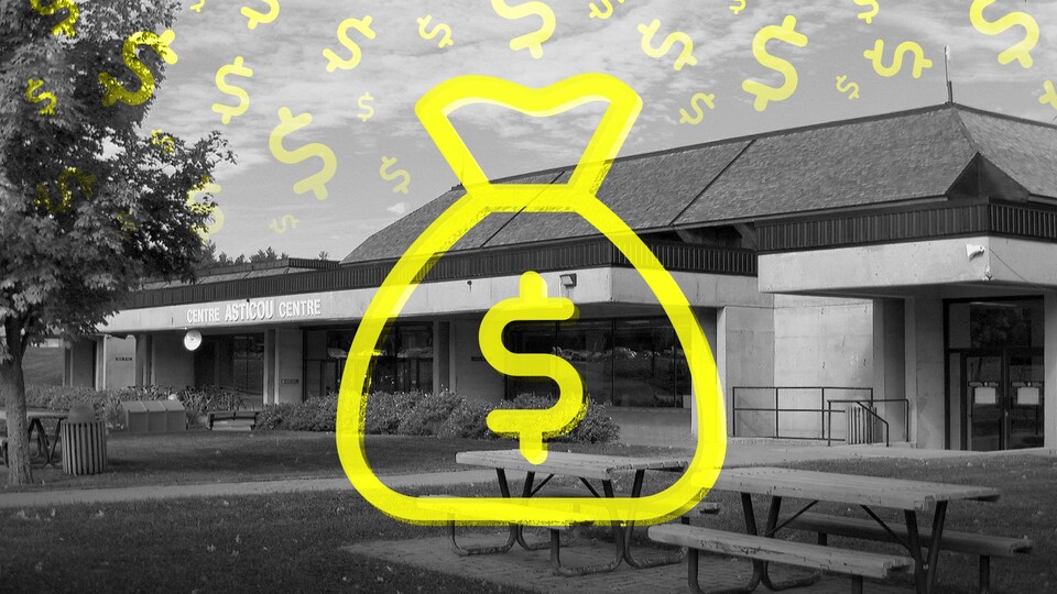 Montage photo montrant le Centre Asticou sur lequel on voit un sac avec un signe de dollars.