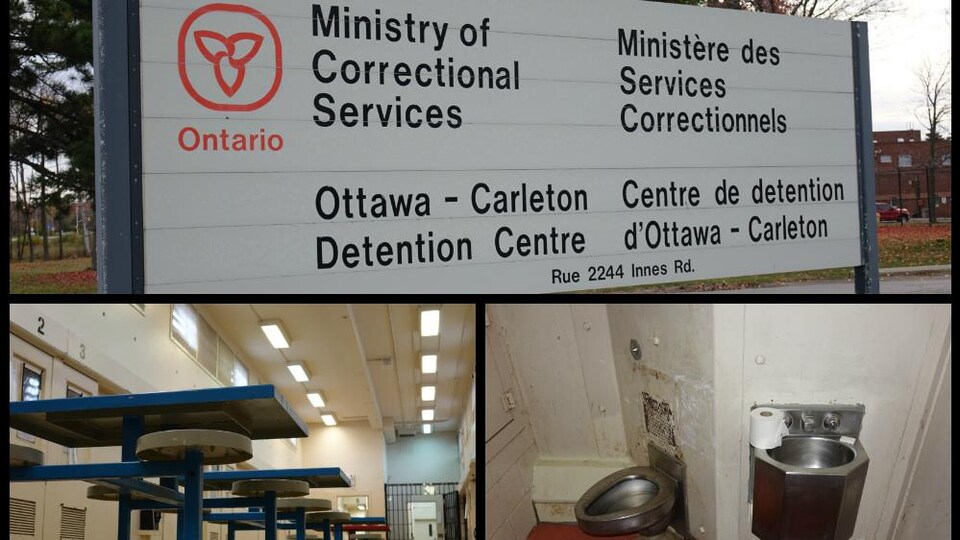 Un montage de cinq photos sur lequel on voit l'affiche du Centre de détention d'Ottawa-Carleton, la salle à manger, une salle de bain en délabrement, des graffitis et la salle de lavage de la prison.