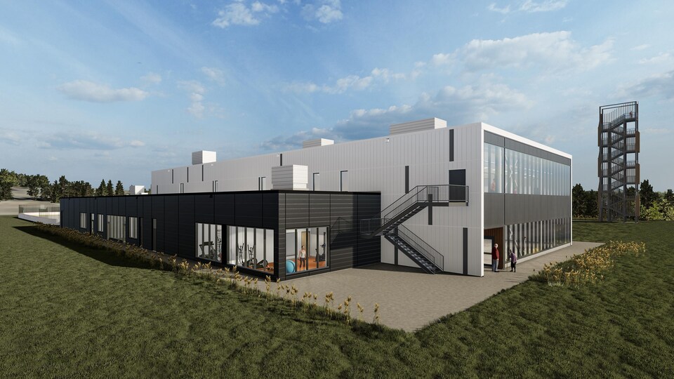 Une modélisation d'un bâtiment qui contient un gymnase.