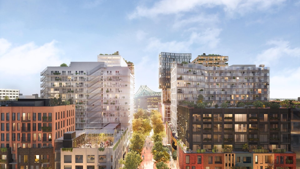 Une vue aérienne d'une maquette de développement d'un quartier montréalais.
