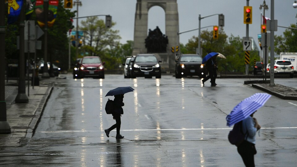 La rue Elgin lors d'une journée pluvieuse à Ottawa.