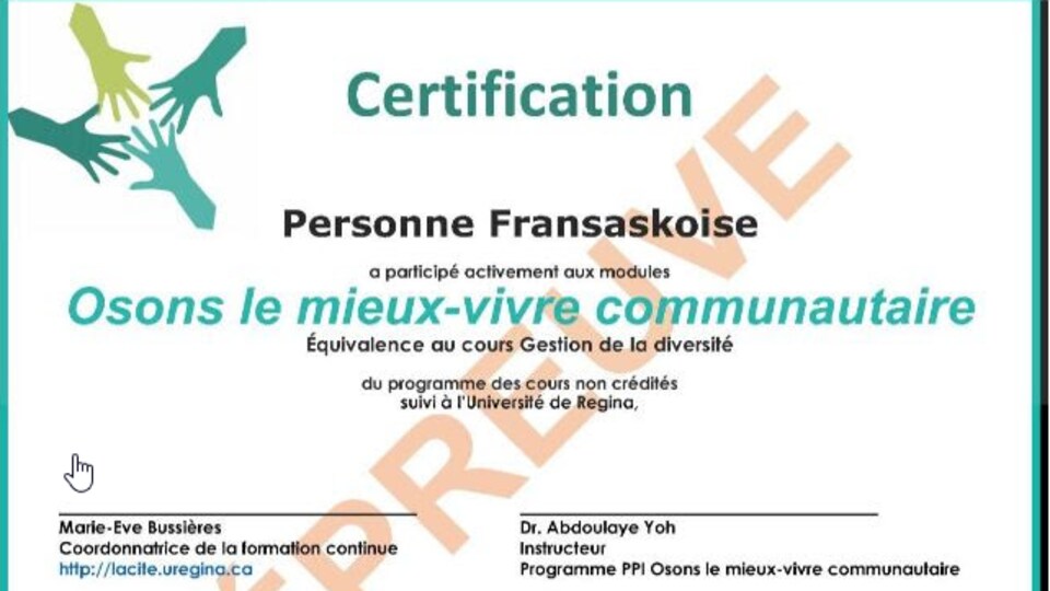 Certificat de participation aux modules de formation du Conseil culturel fransaskois. 