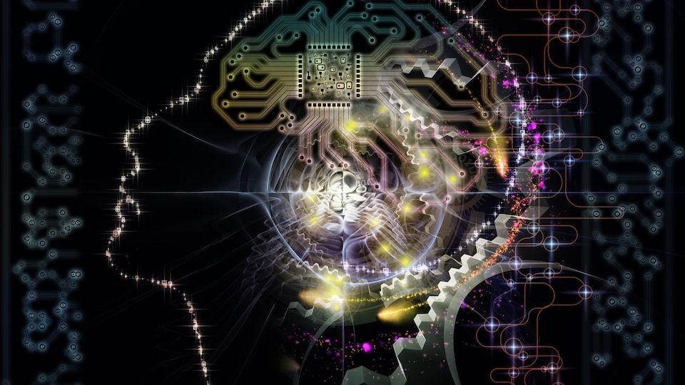 Illustration de la silhouette de visage humain et de symboles technologiques sur le thème de l'informatique et de l'intelligence artificielle.