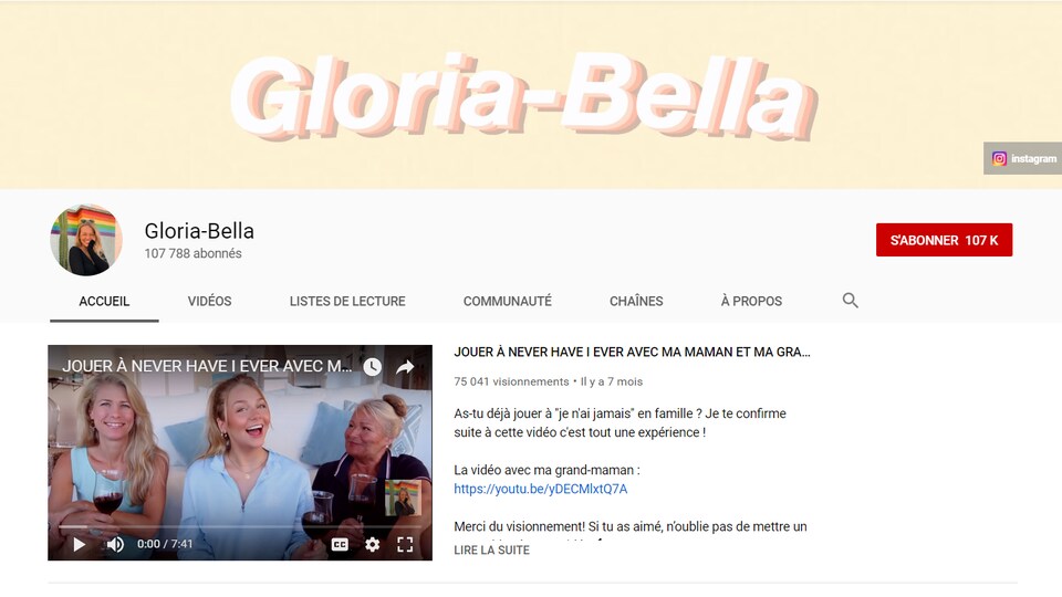 Une capture d'écran de la chaîne YouTube de Gloria-Bella.