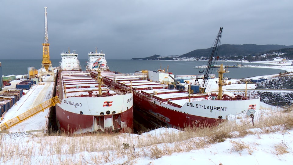Deux immenses navires dans le chantier maritime en hiver.