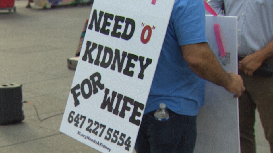 Un homme porte une affiche sur laquelle on peut lire : « Need a kidney for wife. »