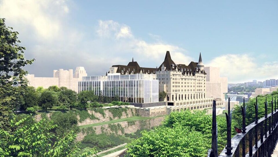 Vue depuis le parlement de la troisième mouture du projet d'agrandissement du Château Laurier.
