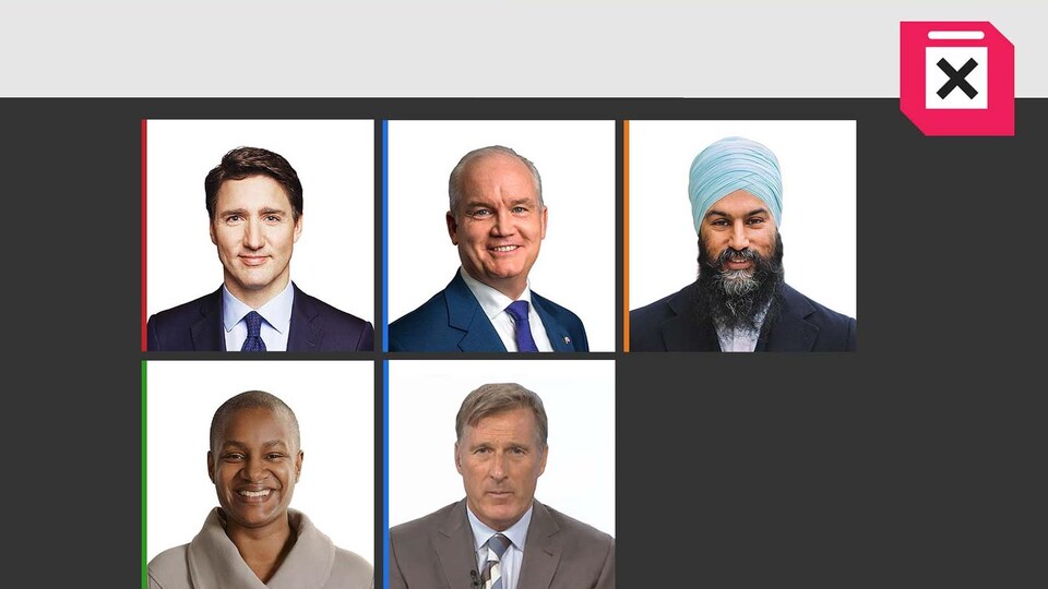 Justin Trudeau, Erin O'Toole, Jagmeet Singh, Annamie Paul et Maxime Bernier