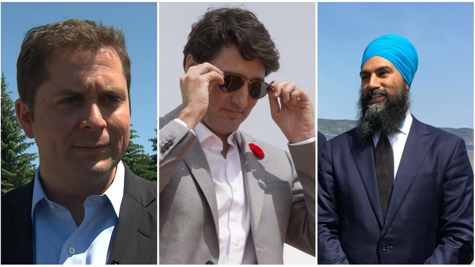 Un montage de trois photographies montrant les trois chefs des partis fédéraux Andrew Sheer, Justin Trudeau et Jagmeet Singh.