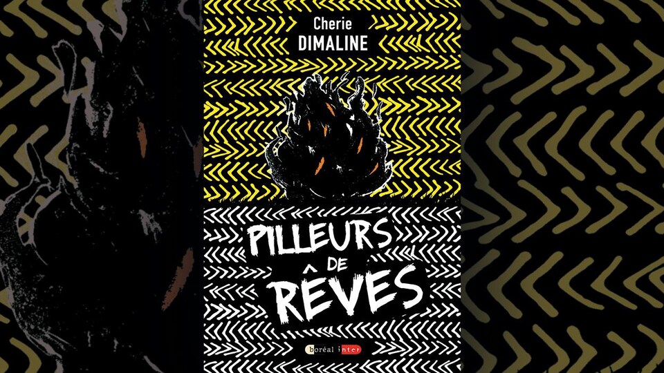 Image de la couverture du livre Pilleurs de rêves de Cherie Dimaline : une illustration représentant des flammes noires sur fond de chevrons jaunes et blancs. 