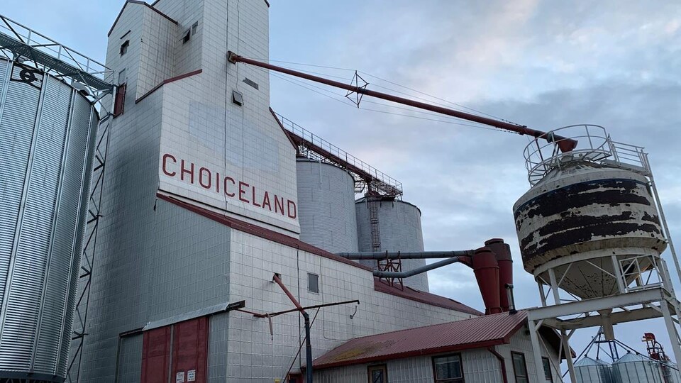 Un élévateur à grain sur lequel le mot "Choiceland" est inscrit.