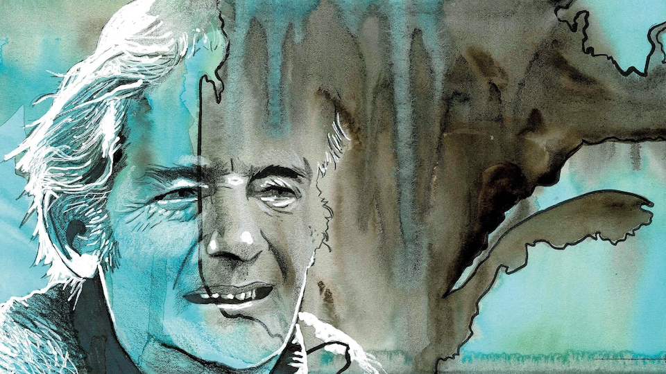 Un portrait de Félix Leclerc en bleu et gris peint par l'artiste Christian Quesnel 