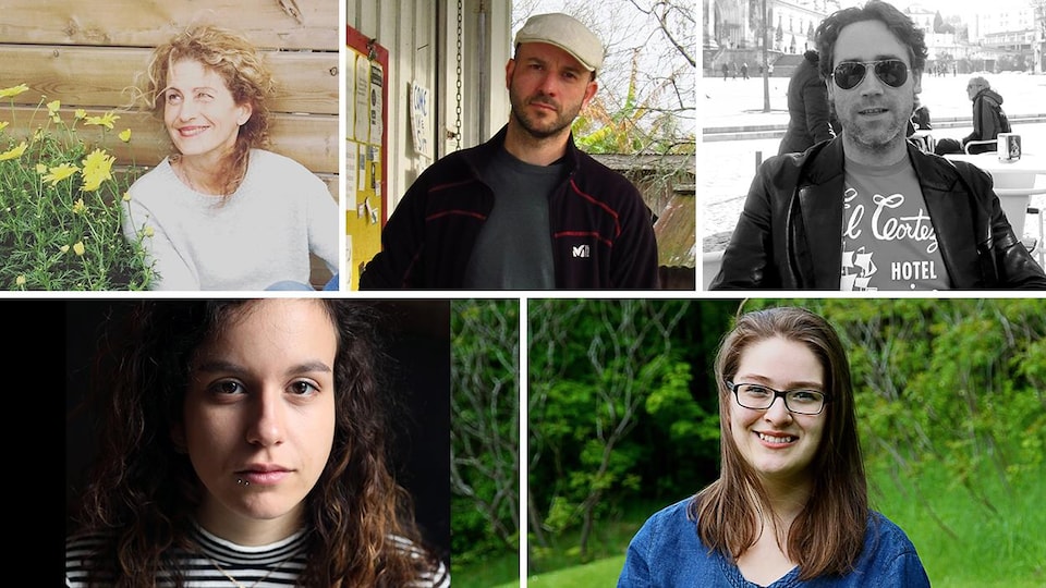 Les cinq finalistes du Prix du récit Radio-Canada 2017 : Christine Gonthier, Joan Sénéchal, Mathieu Vincelette, Sarah Walou et Thérèse Yelle
