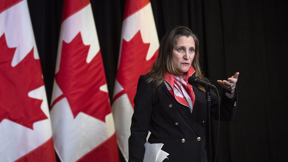 La ministre Freeland devant le drapeau canadien lors d'un point de presse.