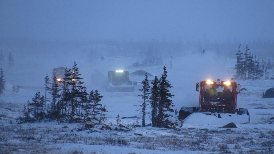 Des vehicules avancent dans la toundra, sous couverte de neige