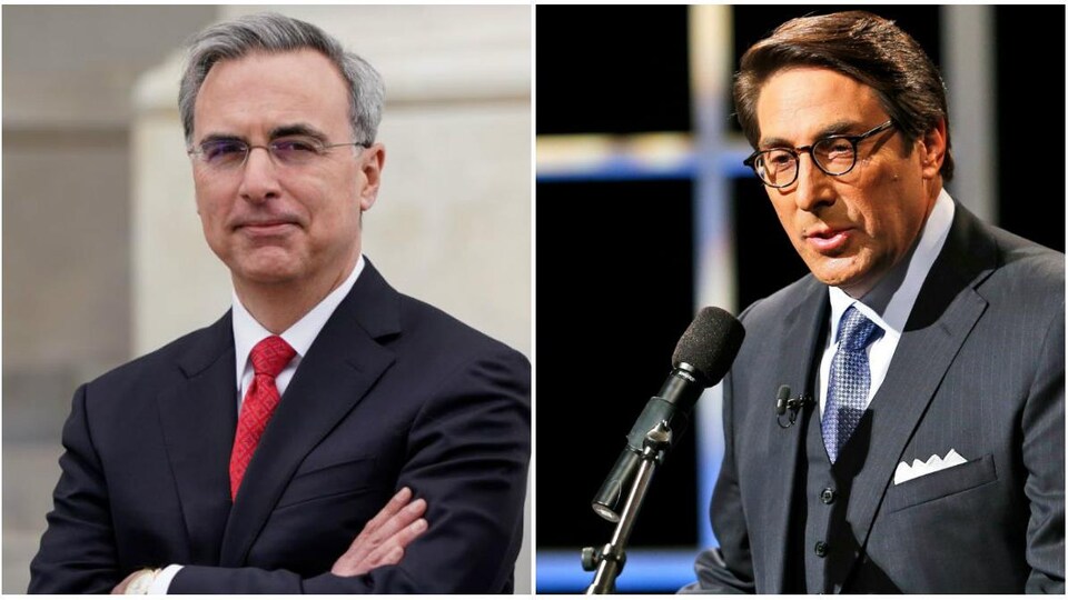 Montage photo montrant Pat Cipollone, les bras croisés, et Jay Sekulow, devant un micro