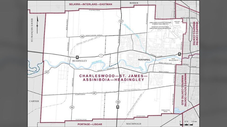 Une carte montrant les limites actuelles de la circonscription Charleswood–St. James–Assiniboia–Headingley.