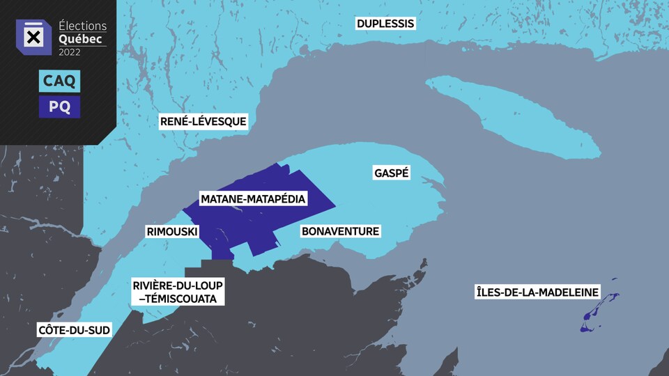 La carte électorale des circonscriptions de l'Est-du-Québec le soir des élections du 3 octobre 2022.