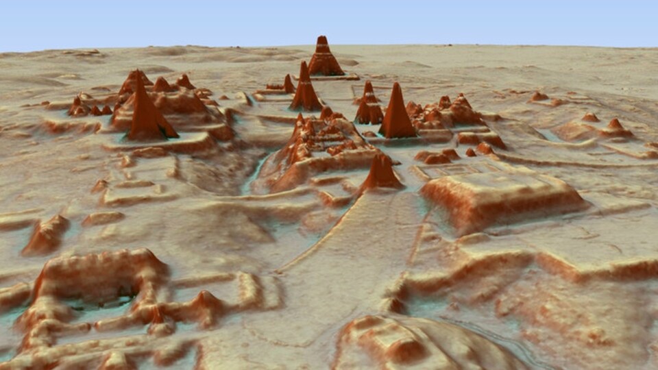 Image digitale 3D créée par la technologie LiDAR et montrant le relief du site archéologique maya à Tikal, au Guatemala.