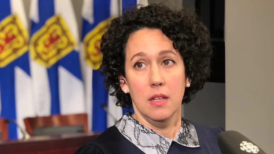 La députée Claudia Chender parle aux journalistes.