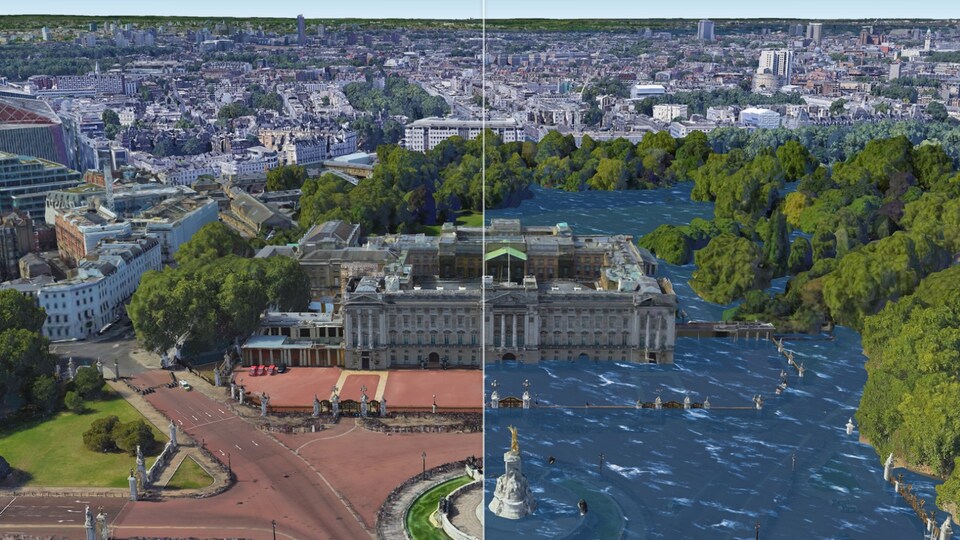 Un montage montre Buckingham Palace aujourd'hui, à sec, et Buckingham Palace inondé.