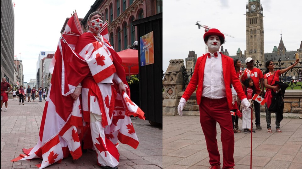 Montage photo d'un homme couvert de l'unifolié marchant sur la rue Sparks; et d'un clown habillé en rouge et blanc, prenant la pose devant le Parlement.