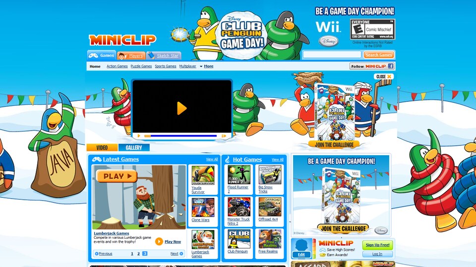 Capture d'écran du site Miniclip.com affichant le jeu vidéo «Club Penguin», avec beaucoup de pingouin en dessins animés jouant sur des bancs de neige. 