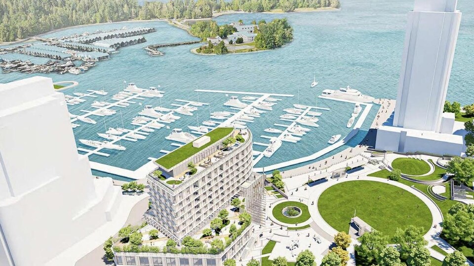Dessin d'architecte d'un immeuble dans un quartier qui borde l'eau.
