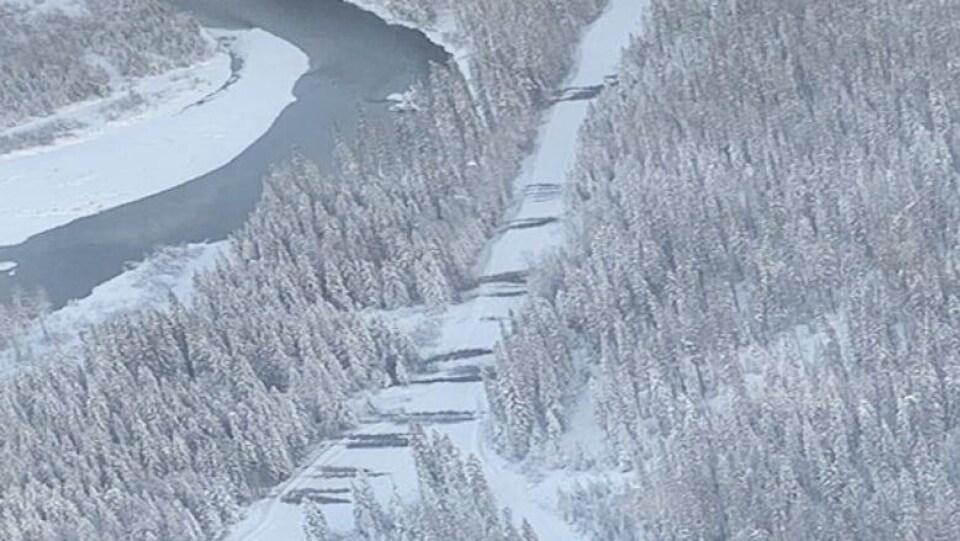Une route enneigée près d'une rivière, des dizaines d'arbres sont couchés au travers de la chaussée.