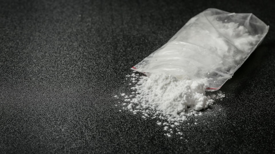 Plan rapproché sur de la cocaïne dans un sac de plastique.