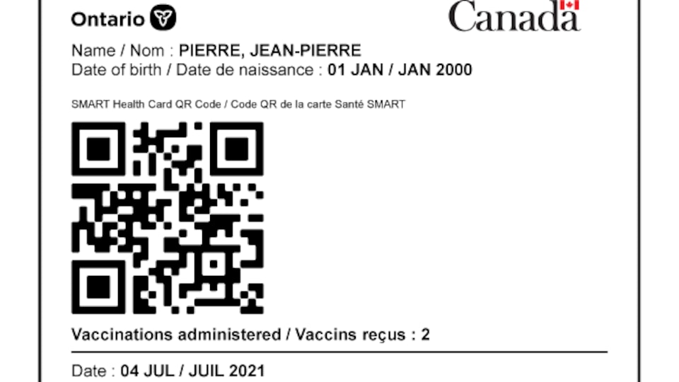 Le document avec le code QR d'une personne en Ontario.