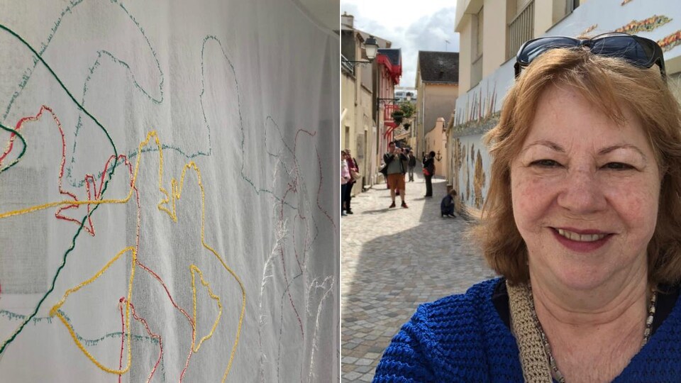 Montage de deux photos verticales : à gauche, une oeuvre de l'artiste (une grande toile blanche brodée de fils de couleur dessinant des formes); à droite, un égoportrait de l'artiste, une femme aux cheveux courts portant dans une ruelle en France.