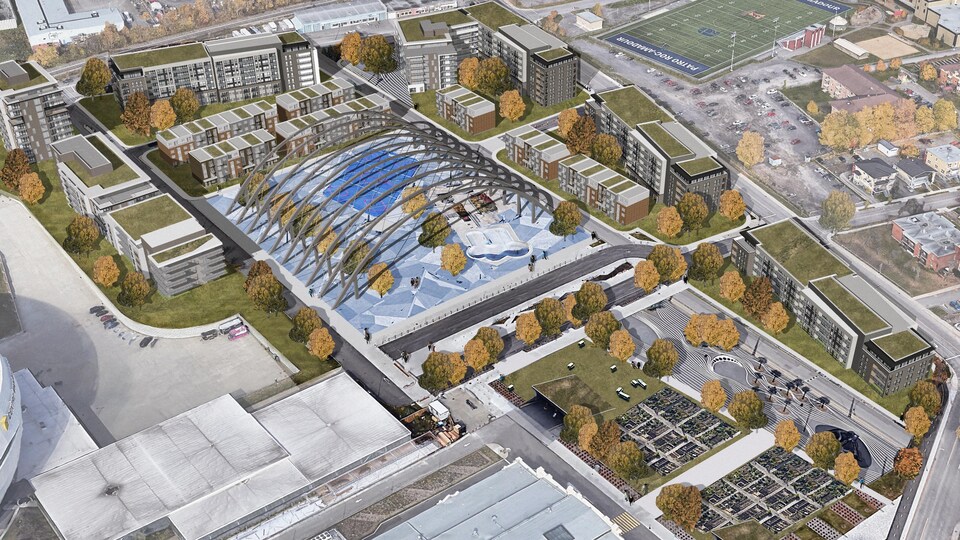 Une infographie qui présente une vue aérienne du secteur du Colisée de Québec transformé en quartier résidentiel.