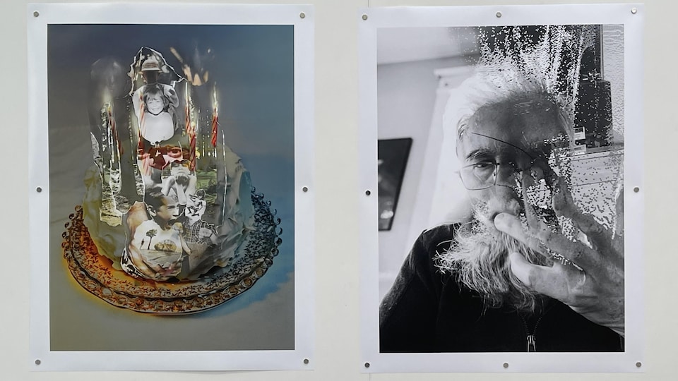 Deux photos. Celle de gauche est un collage de photos d'enfants créant un gâteau de fête. Celle de droite est celle d'un homme âgé dont la moitié du visage est pixelisée.