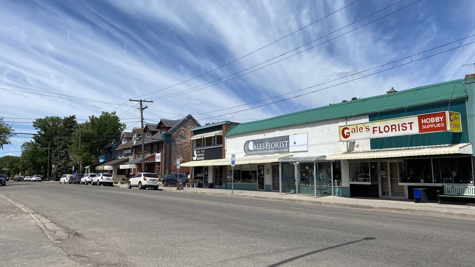 La 13e rue à Regina, par une journée d'été ensoleillée. Quelques nuages dessinent le ciel.