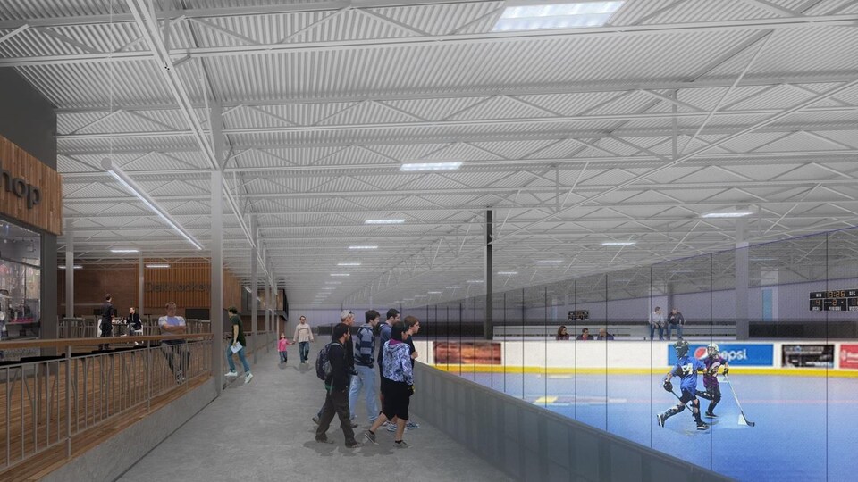 Modélisation de joueurs regardant près de la bande un match de hockey-balle.